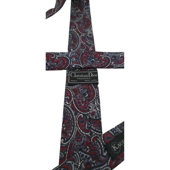 Christian Dior Cravates Paris New York Paisley Tie Red & Gray Vintage Silk - Picture 2 of 7